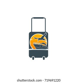 The vessel, the bird and the bag are set to be one on a white background. Creative concept design of vacation travel logos. Vector illustration.