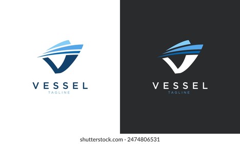Vessel boat logo template. Letter V ship, boat vector illustration
