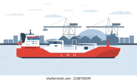 Vessel bunker on the background of the sea port. Vector illustration.