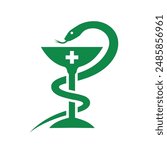 Vessel or cup of Hygieia (Vessel of Hygeia). Bowl and snake icon. Symbol of medicine or poison, hospital or pharmacy. An attribute of a doctor, treatment, or medication.