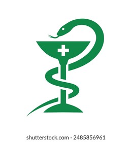 Vessel or cup of Hygieia (Vessel of Hygeia). Bowl and snake icon. Symbol of medicine or poison, hospital or pharmacy. An attribute of a doctor, treatment, or medication.