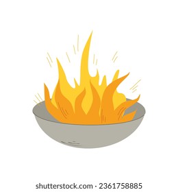 Vessel with fire vector illustration. hand drawn fire bowl. Flame with sparks. Ritual fire. Isolated 