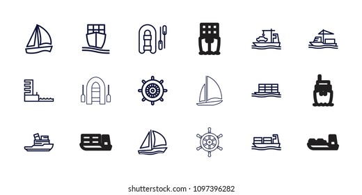 Vessel icon. collection of 18 vessel outline icons such as helm, inflatable boat, sailboat, cargo ship, harbor. editable vessel icons for web and mobile.