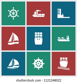 Vessel icon. collection of 9 vessel filled icons such as helm, sailboat, cargo ship. editable vessel icons for web and mobile.