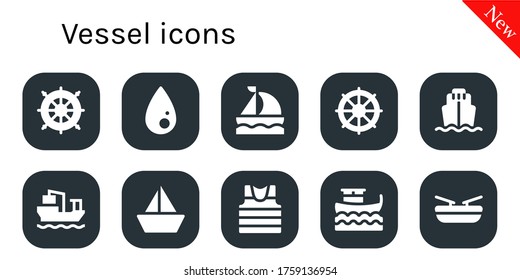 Symbol-Set des Schiffes. 10 gefüllte Schiffssymbole.  Einfache, moderne Symbole wie: Helm, Liquid, Segelboot, Frachtschiff, Sailor, Boot