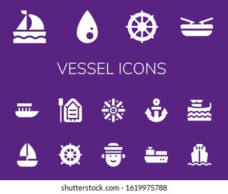 vessel icon set. 14 filled vessel icons. Included Sailboat, Liquify, Helm, Boat, Sailor, Cargo ship, Anchor icons