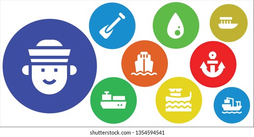 vessel icon set. 9 filled vessel icons.  Collection Of - Sailor, Rowing, Liquify, Cargo ship, Boat, Anchor