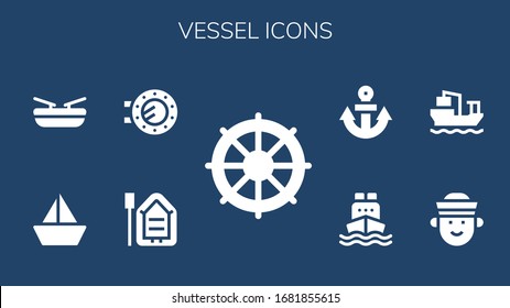 vessel icon set. 9 filled vessel icons.  Simple modern icons such as: Helm, Boat, Porthole, Sailboat, Sailor, Cargo ship, Anchor