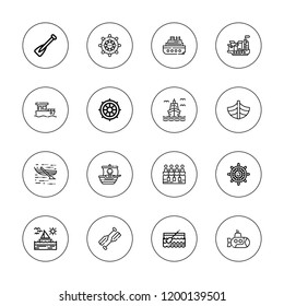 Vessel icon set. collection of 16 outline vessel icons with boat, cargo ship, galleon, helm, oars, rowing, rudder icons.