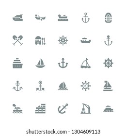 vessel icon set. Collection of 25 filled vessel icons included Boat, Harbor crane, Anchor, Cruise, Sailboat, Helm, Sail boat, Oar, Inflatable boat, Boating, Yacht