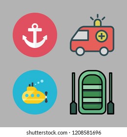 vessel icon set. vector set about anchor, inflatable boat, submarine and boat icon icons set.