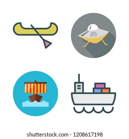 vessel icon set. vector set about cargo ship, boat, viking ship and ufo icons set.