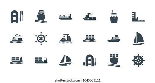 Vessel icons. set of 18 editable filled vessel icons: helm, inflatable boat, cargo ship, harbor, sailboat