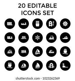 Vessel icons. set of 20 editable filled vessel icons such as helm, inflatable boat, sailboat, cargo ship, harbor. best quality vessel elements in trendy style.