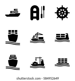 vessel icons set. Set of 9 vessel filled icons such as helm, cargo ship, boat