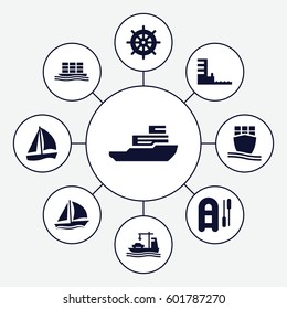 vessel icons set. Set of 9 vessel filled icons such as helm, cargo ship, harbor, sailboat, boat