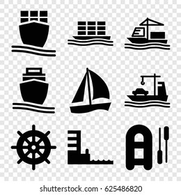 Vessel icons set. set of 9 vessel filled icons such as helm, cargo ship, harbor, inflatable boat