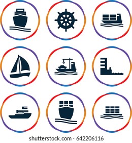 Vessel icons set. set of 9 vessel filled icons such as helm, cargo ship, harbor, boat