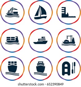 Vessel icons set. set of 9 vessel filled icons such as cargo ship, harbor, boat, inflatable boat