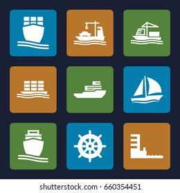 Vessel icons set. set of 9 vessel filled icons such as helm, cargo ship, harbor, sailboat