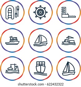 Vessel icons set. set of 9 vessel outline icons such as helm, cargo ship, harbor, sailboat, boat