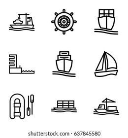 Vessel icons set. set of 9 vessel outline icons such as helm, cargo ship, harbor, sailboat