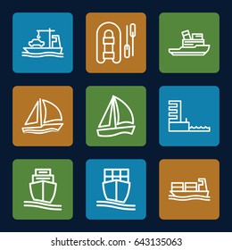Vessel icons set. set of 9 vessel outline icons such as cargo ship, harbor, sailboat, boat