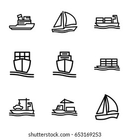 Vessel icons set. set of 9 vessel outline icons such as cargo ship, sailboat