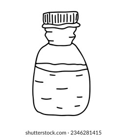 Un vaso con líquido, una botella. Esbozo vectorial dibujado a mano. Ilustración en blanco y negro.