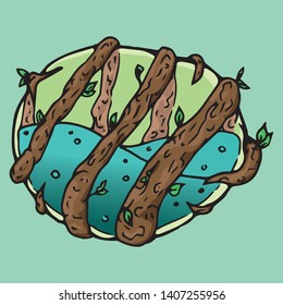 Vessel with liquid wrapped with tree branches. Vector illustration of a vintage magic vessel with liquid in the branches of a tree.