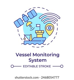 Vessel monitoring system multi color concept icon. Tracking satellite, boat fishing. Round shape line illustration. Abstract idea. Graphic design. Easy to use in infographic, presentation