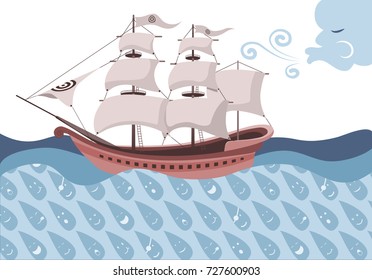 A vessel, representing the objectives, is driven forward from the wind (the leadership) and by the all the drops of the ocean (the strength of people cooperation).