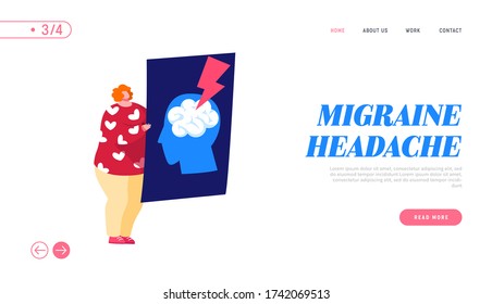 Vessel Rupture, Migraine Landing Page Template. Tiny Female Character Holding Xray of Human Head with Brain Stroke, Apoplexy, Insult Attack. Doctor Medical Aid, Neurology. Cartoon Vector Illustration