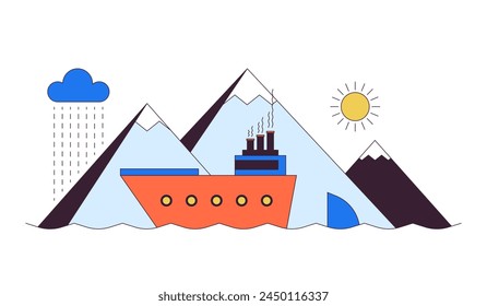 Vessel sailing past mountains 2D linear cartoon objects. Travelling by water. Tourist ship on exotic cruise isolated line vector elements white background. Sea vacation color flat spot illustration