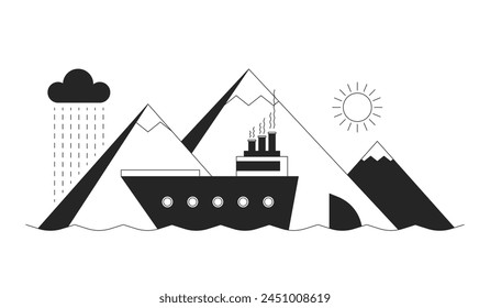 Vessel sailing past mountains black and white 2D line cartoon object. Travelling by water. Tourist ship on cruise isolated vector outline items. Sea vacation monochromatic flat spot illustration