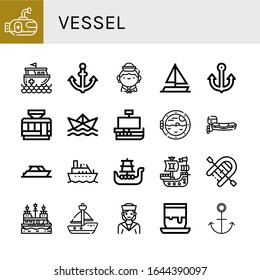 vessel simple icons set. Contains such icons as Submarine, Rescue boat, Anchor, Sailor, Sailing boat, Tramway, Paper ship, Caravel, Boat porthole, can be used for web, mobile and logo