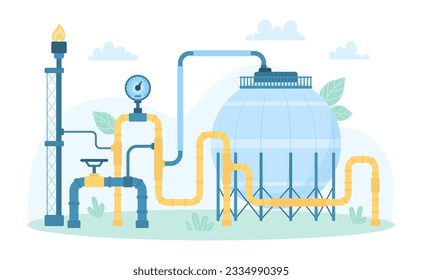 Vessel tank for oil and gas industry vector illustration. Cartoon LPG container with pipes for storage of natural gas under pressure, equipment of refinery factory, petrochemical and chemical plant