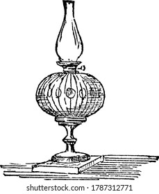 A vessel with a wick, for giving light, commonly used as desk lamps, table lamps, hallway lighting and closets, vintage line drawing or engraving illustration 