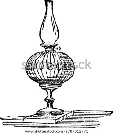 A vessel with a wick, for giving light, commonly used as desk lamps, table lamps, hallway lighting and closets, vintage line drawing or engraving illustration 