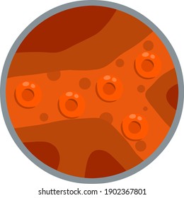 Buques y arterias bajo microscopio. Glóbulos rojos en el canal. Vista ampliada. El plan médico. Sistema humano interno. Ilustración plana científica
