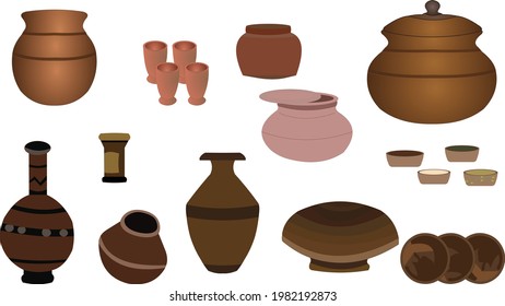 Vessels traditional pot vector art 2d collection.