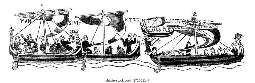 The vessels of William the Conqueror, (After the famous Bayeaux Tapestry), vintage engraved illustration. Journal des Voyage, Travel Journal, (1880-81).