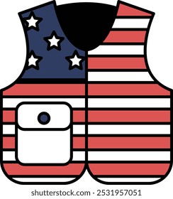 A vest with the American flag on it. The vest is red, white and blue. The stars are in the middle of the flag