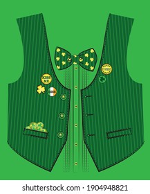 Vest with bow tie and coins in pocket.  Print for t shirt. St Patrick's day vector illustration.