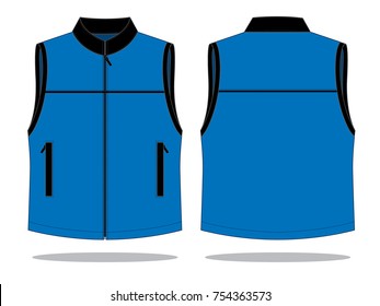 Vest Design With Blue-Black And Black Edging, Two Pockets, Black Piping Vector.Front And Back View.