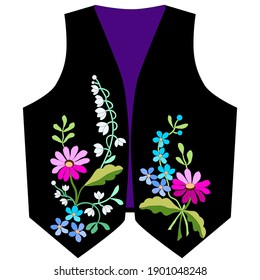 Vest fashion with colored wildflowers, red cosmea, white lilies of the valley, blue forget-me-nots, stylized, hand-drawn, art object, design solution, for embroidery, for cover, printing on fabric