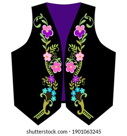 Vest fashion with colored wildflowers,purple and pink pansy,blue forget-me-nots,green pea,stylized,hand-drawn,art object,design solution,for embroidery,for cover,printing on fabric