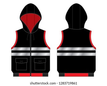 Vest Hooded Design Vector With Black/Red Colors and Double Gray Reflective Tape.