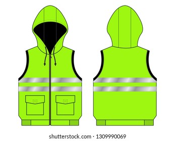 Vest Hooded Design Vector With Green/Black Colors and Double Gray Reflective Tapes.
