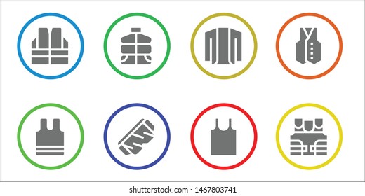 vest icon set. 8 filled vest icons.  Collection Of - Vest, Sleeveless, Safety glasses, Cardigan, Tank top, Bulletproof